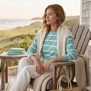 J.Crew Striped Long-Sleeve Tee - Seafoam Green & White - 100% Cotton - Large